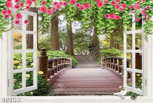 Tranh 3D cửa sổ và hoa bên cây cầu gỗ chất lượng cao