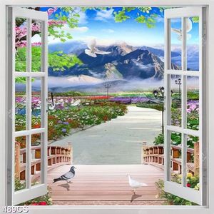 Tranh cửa sổ nhìn ra hoa và núi đẹp nhất