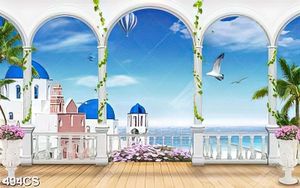 Tranh dán tường ban công và toà lâu đài bên bờ biển