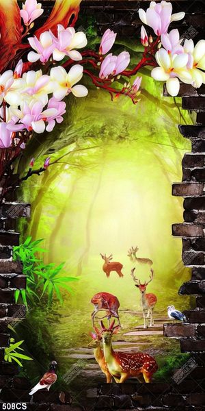 Tranh 3D dán tường đàn nai bên khu rừng sương mờ in kính