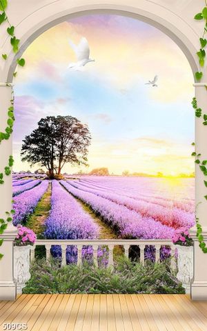 Tranh ban công và vườn hoa oải hương decor phòng khách