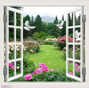 Tranh cửa sổ và vườn hồng nở rộ chất lượng cao