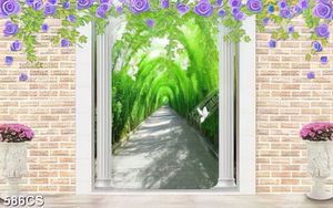 Tranh 3D trang trí tường cánh cổng hoa và hàng cây xanh thẳng lối đi