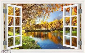 Tranh cửa sổ và cây lá vàng bên dòng sông chất lượng cao