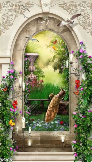 Tranh ghép chim khổng tước và hoa bên khung cửa in uv