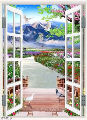 Tranh dán tường cửa sổ nhìn ra vườn hoa dưới chân núi
