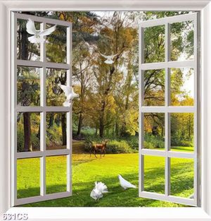 Tranh cửa sổ bên đồng cỏ xanh và chim câu in uv