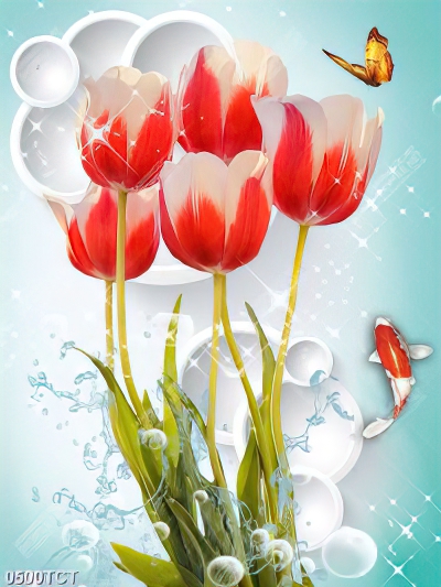 Tranh hoa tulip và cá Koi