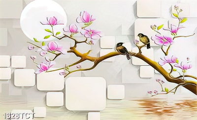 Tranh chim trên cành hoa mộc lan nền 3D