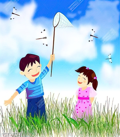 Tranh 2 bé bắt chuồn chuồn