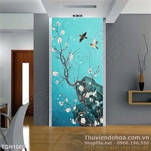 Tranh ghép đôi chim nhỏ và cành hoa đào trắng