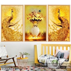 Tranh ghép chim công và bình hoa mạ vàng 3d