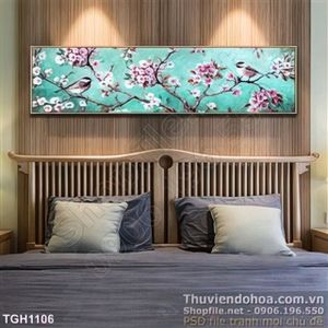Tranh ghép mùa xuân hoa đào và chú chim nhỏ