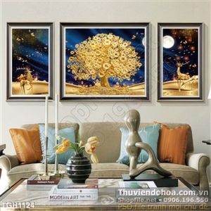 Tranh ghép lụa 3d cái cây vàng và con nai
