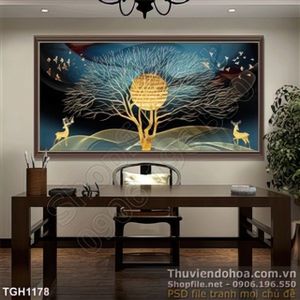 Tranh ghép lụa 3d cái cây lớn và mặt trăng