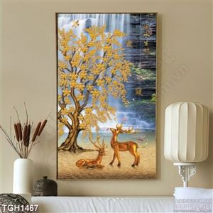 Tranh phong cảnh thác nước và hươu vàng