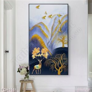 Tranh sơn dầu hươu sừng lá bên dãy núi