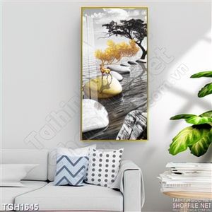 Tranh ghép hươu vàng và những hòn đá trên mặt nước