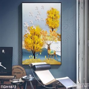 Tranh ghép hươu và phong cảnh mùa thu