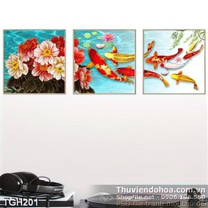 Tranh ghép hoa mẫu đơn và cá koi bơi lội 3d
