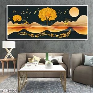 Tranh ghép in 3d hươu vàng dưới ánh trăng tròn treo tường