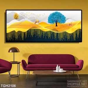 Tranh ghép in 5d những ngọn núi vàng và đàn hươu vàng