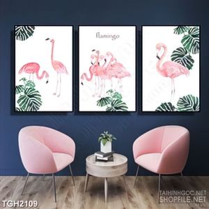 Tranh ghép in uv đàn cò hồng dưới những tán lá xanh