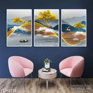 Tranh ghép trang trí rừng cây vàng bên dòng sông bạc