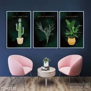 Tranh ghép chậu cây xương rồng  bên cây xanh in canvas