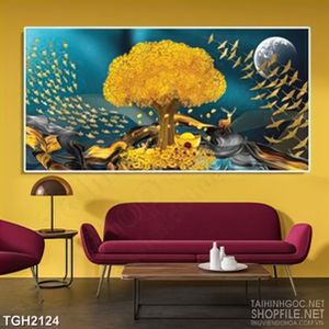 Tranh ghép cây kim tiền bên những chú hươu vàng trang trí