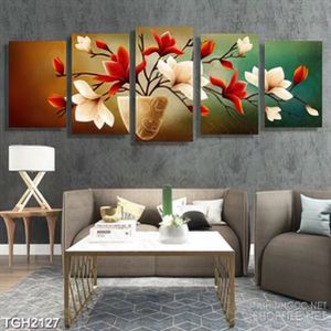 Tranh ghép in 3d chậu hoa màu trắng đỏ nở rộ treo tường