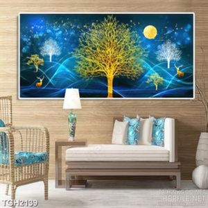 Tranh ghép decor cây vàng bên đàn hươu trong màn đêm