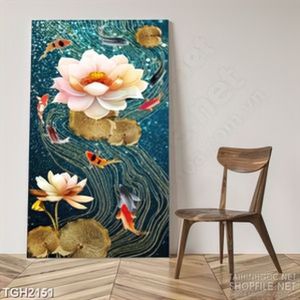 Tranh ghép in 3d đàn cá koi bên hồ sen vàng dán tường