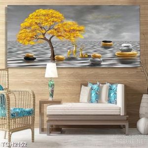 Tranh ghép cây lá vàng và đàn hươu giữa sông in canvas