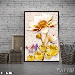 Tranh ghép trang trí những bông sen vàng trong hồ cá chép