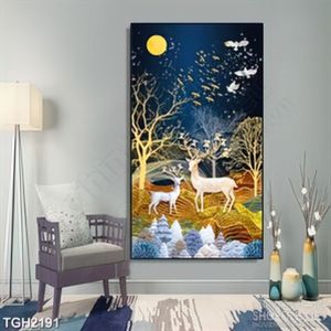 Tranh ghép in 3d khu rừng hươu trong đêm sáng ánh trăng