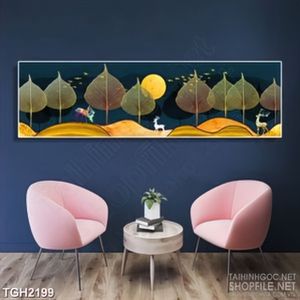Tranh ghép in 3d khu rừng hươu dưới ánh trăng vàng chiếu