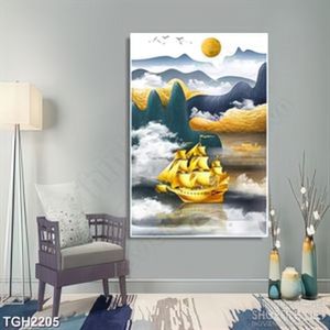 Tranh ghép in uv con tàu căng buồm vàng trên biển về đêm