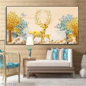 Tranh ghép trang trí hai chú hươu con trong rừng cây vàng