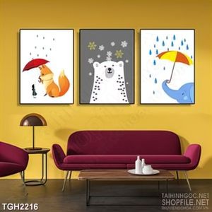 Tranh ghép chú gấu bắc cực,voi và cáo trong tuyết in canvas