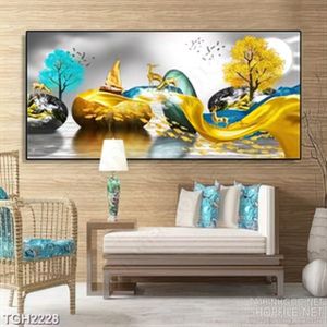 Tranh ghép trang trí đàn hươu trên những hòn đá cuội vàng