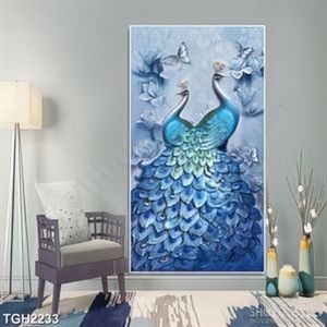 Tranh ghép nghệ thuật đôi chim công xanh bên đàn bướm