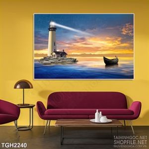 Tranh ghép ngọn hải đăng chiếu ánh đèn trên biển in canvas