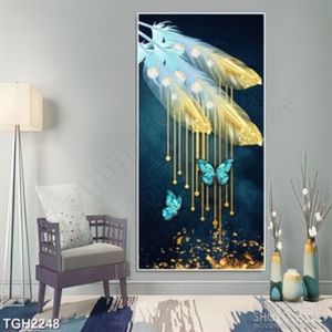 Tranh ghép những chiếc lông vũ bên đàn bướm in canvas