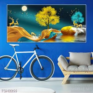 Tranh ghép in 3d đàn hươu vàng trên dòng sông yên tĩnh