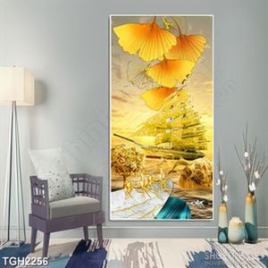 Tranh ghép chiếc lá bên cánh buồm vàng trên biển in canvas