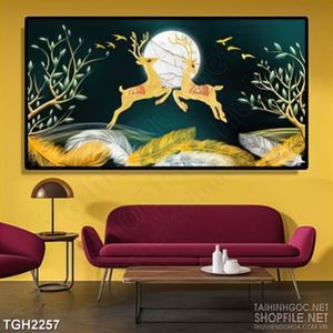Tranh ghép nghệ thuật hai chú hươu con bên ánh trăng tròn
