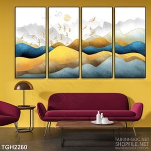 Tranh ghép trang trí chim én vàng tung bay trên ngọn đồi