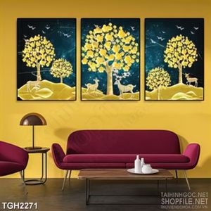 Tranh ghép khu rừng dáp vàng bên đàn hươu dáp vàng in 3d