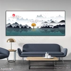 Tranh ghép in 3d dòng sông bên những ngọn núi phủ sương